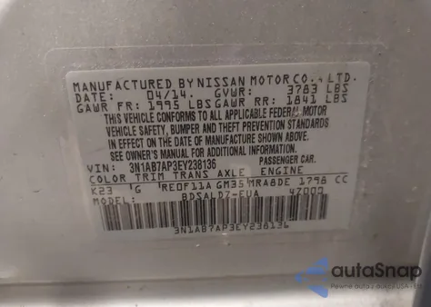 2014 Nissan Sentra Fe+ S/Fe+ Sv/S/Sl/Sr/Sv z USA, uszkodzony, nr VIN 3N1AB7AP3EY238136